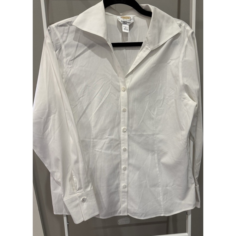Talbots White Solid Woven Stretch Old Money Minimalist Button-Up Collared Shirt